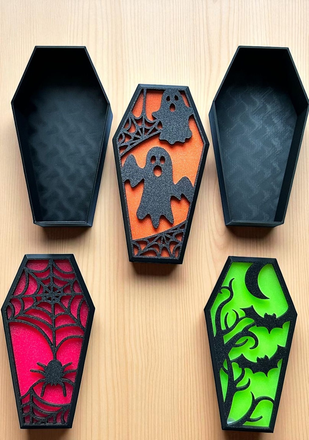 Halloween Coffin Light Box & Storage Container – Spooky Decor with Ghost, Spider, Bat & Web Designs