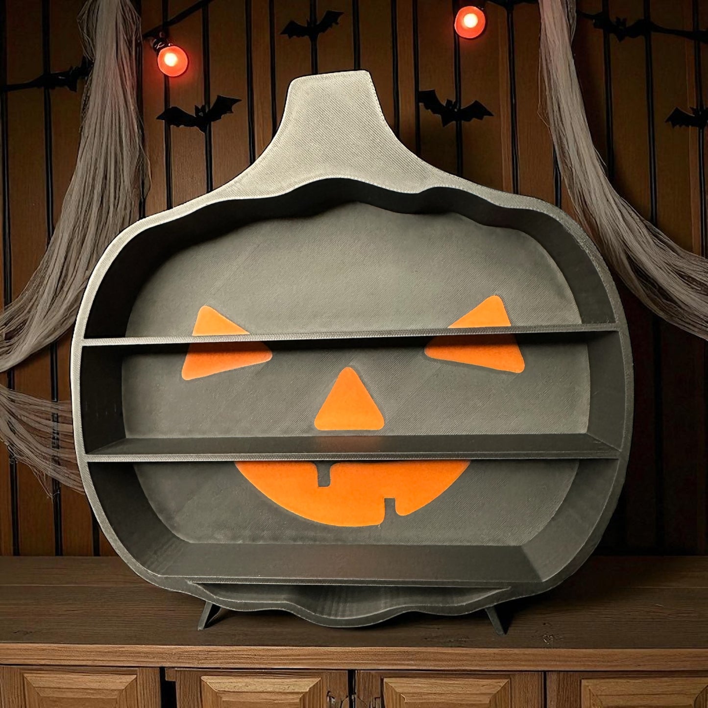 🎃 Pumpkin Shelf Display – 10” Tall Halloween Jack-O’-Lantern Mini Figure Organizer