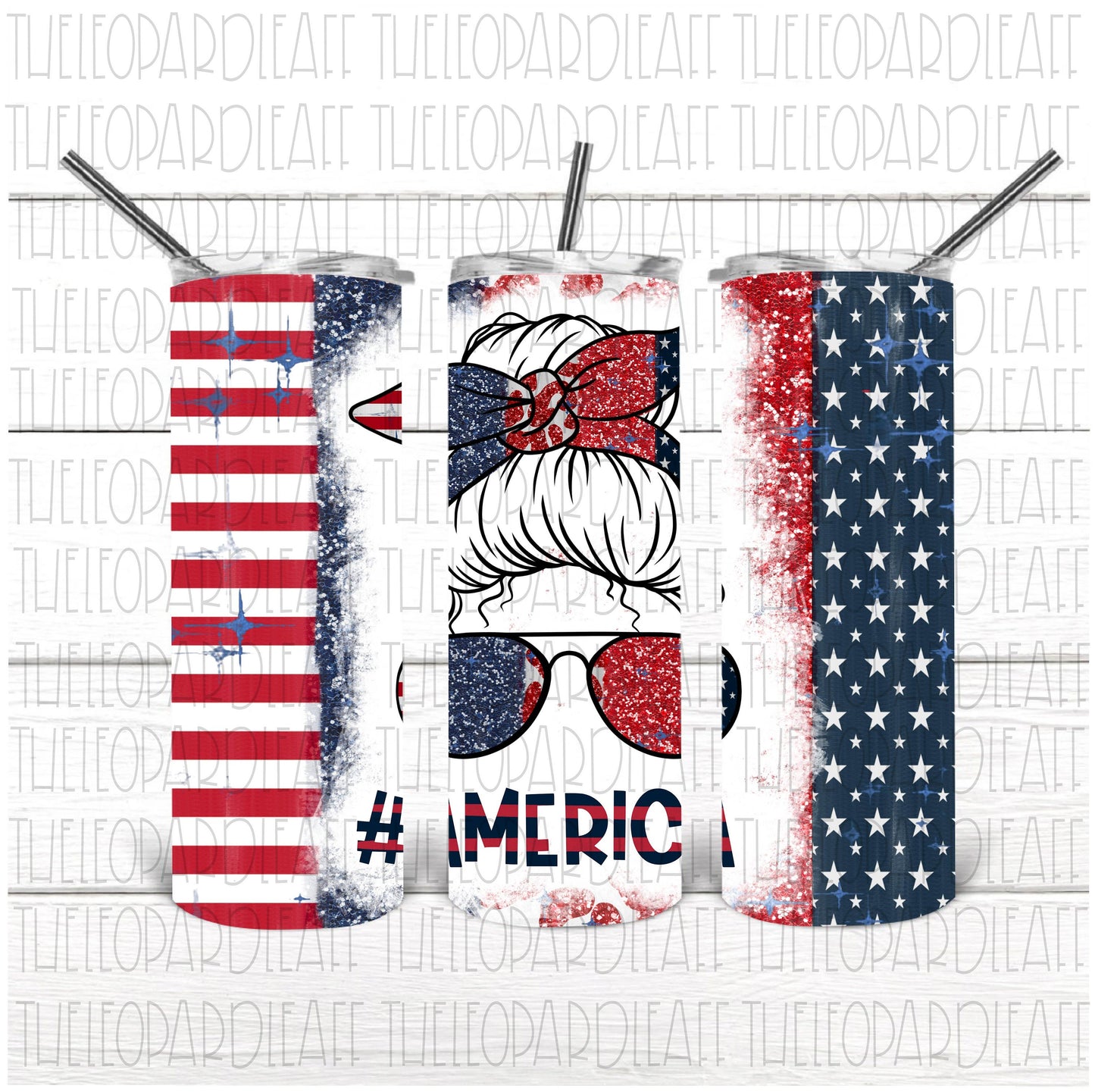 Messy bun #America 4th of July, leopard print, 20oz skinny tumbler, DIGITAL DESIGN **PNG file for Sublimation**