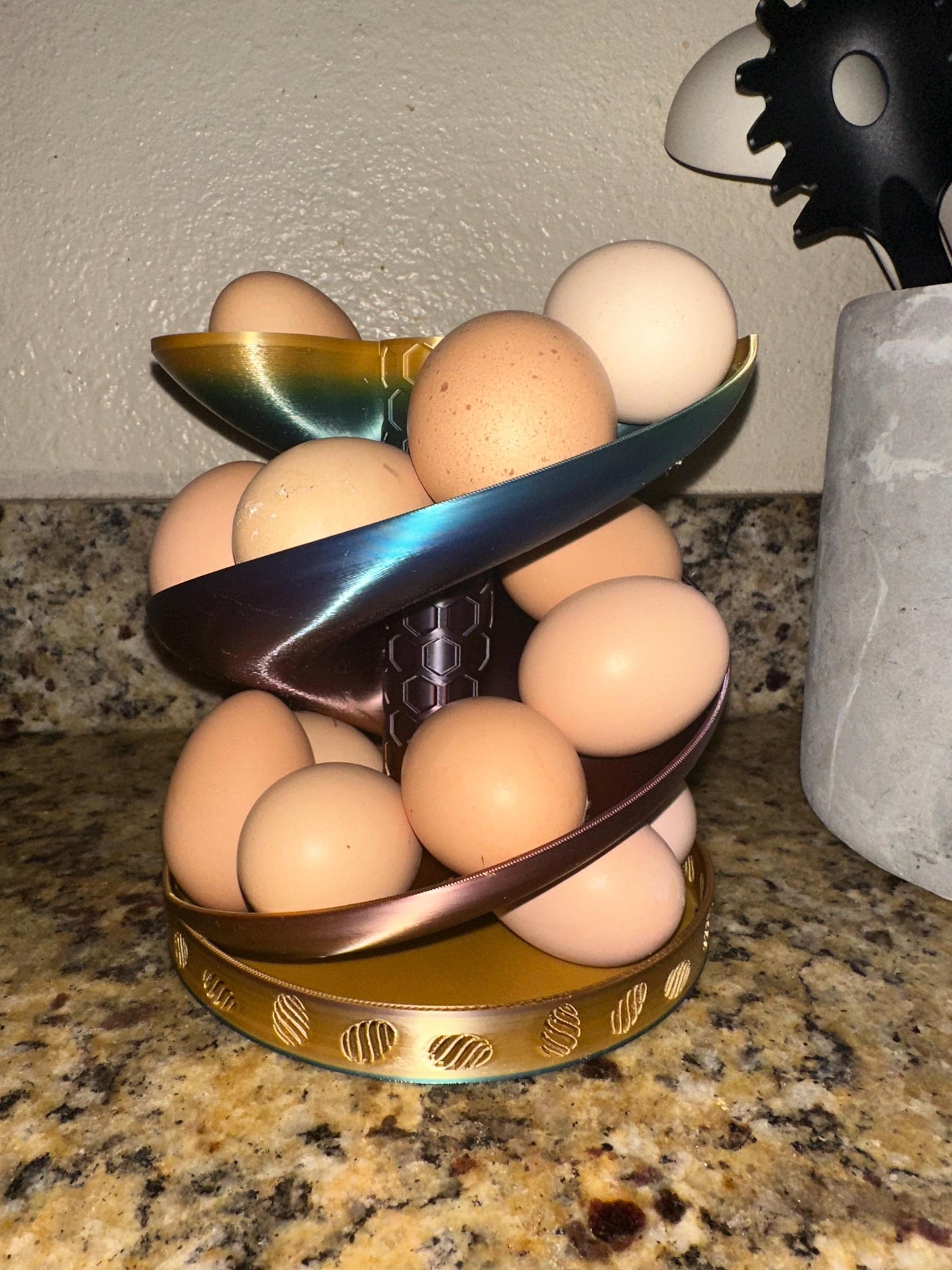 Spiral Egg Holder holds up to 18 eggs, 3d printed