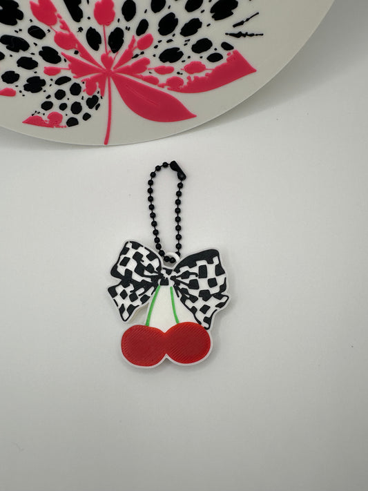 Checkered Cherry Bow Pop Top Keychain | Cute Cherry Bag Charm & Drink Pull Accessory