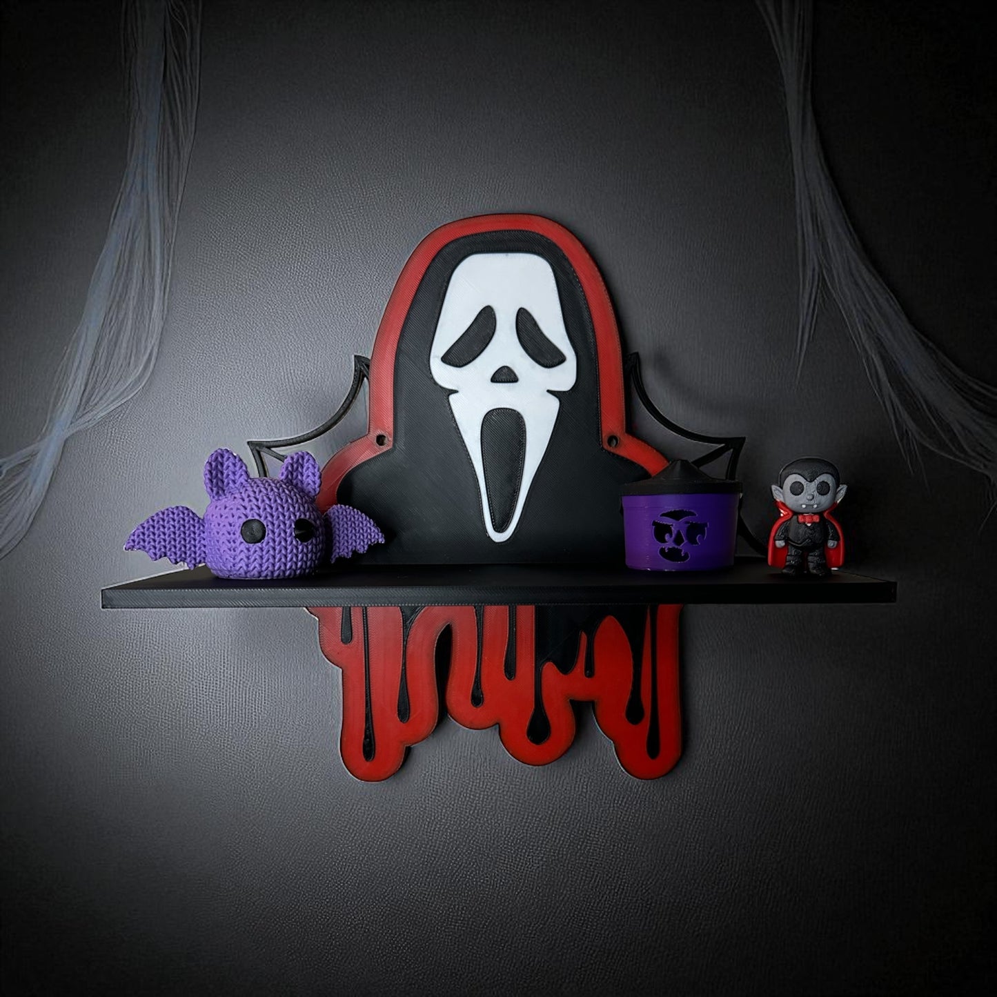 Ghostface Wall Shelf – 9.5 x 10 Inch Horror Décor, 3D Printed Dripping Blood Design