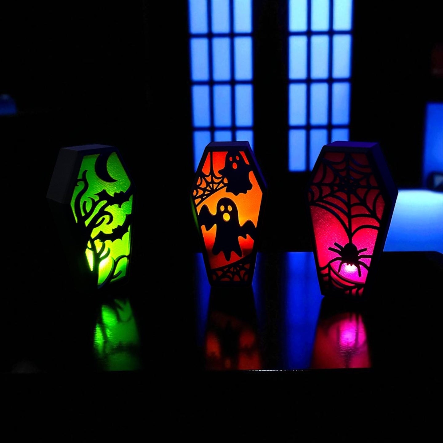 Halloween Coffin Light Box & Storage Container – Spooky Decor with Ghost, Spider, Bat & Web Designs