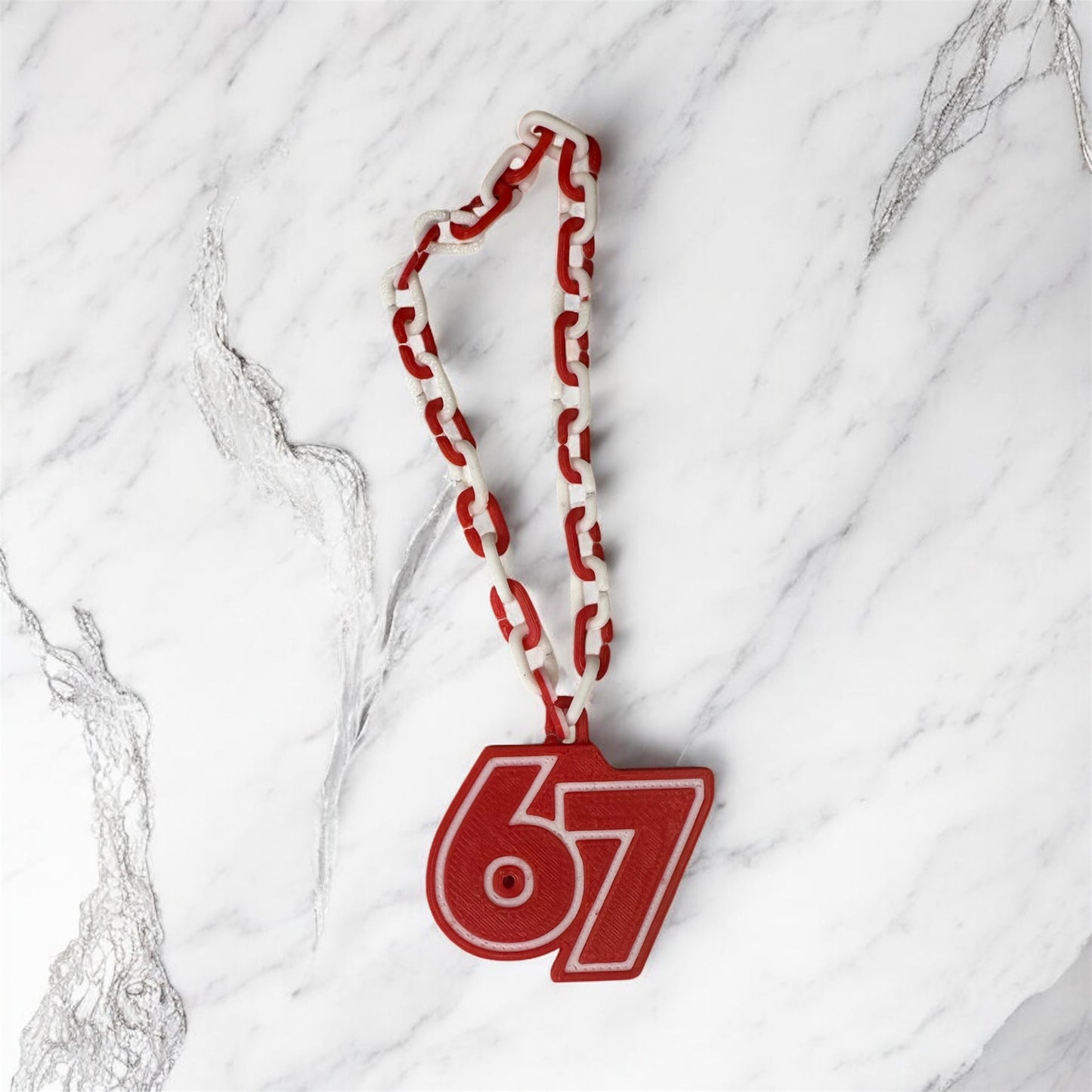 Mini “67” Hype Chain for Christmas Elf – Trendy Elf Accessory – Red & White 3D Printed Necklace