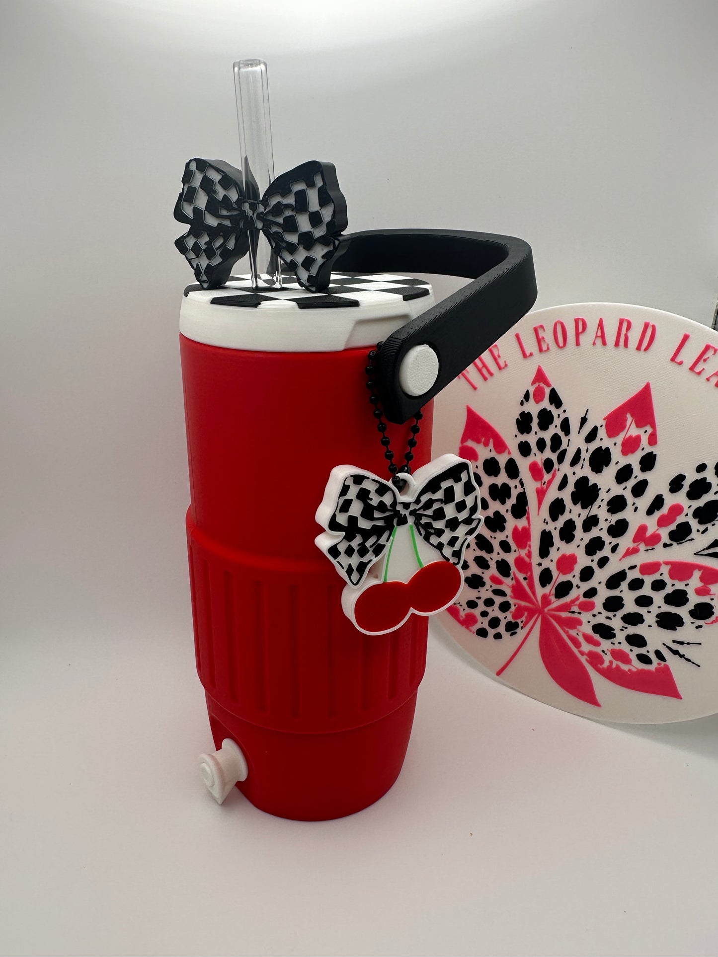 Checkered Bow & Cherries Can Cooler with Optional Straw Topper & Pop Top Charm