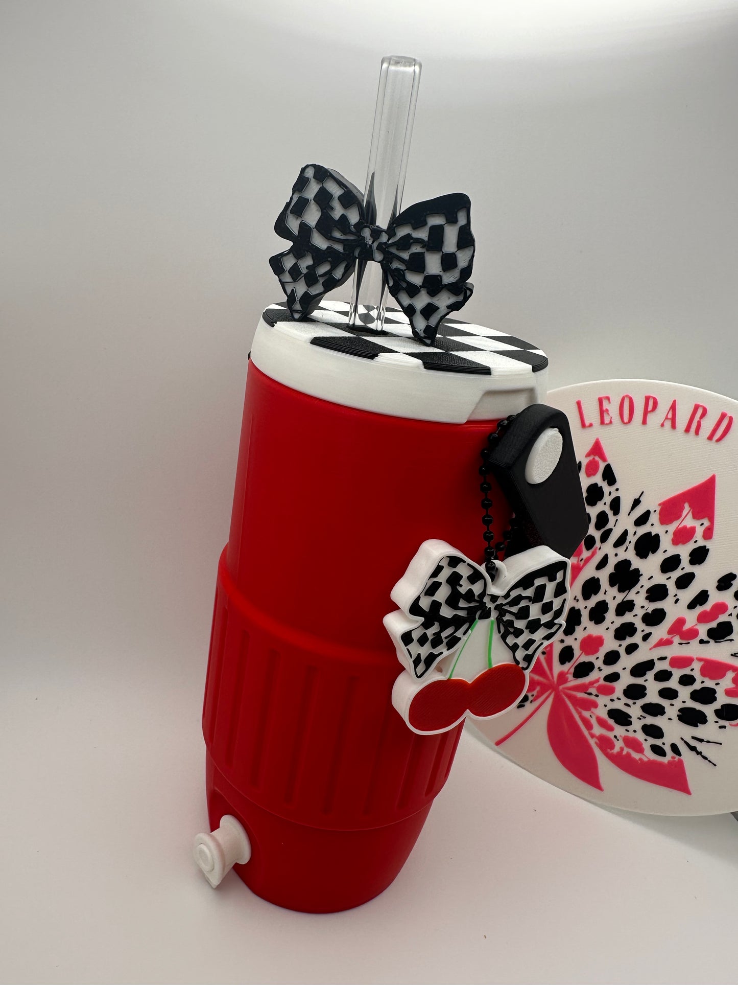 Checkered Bow & Cherries Can Cooler with Optional Straw Topper & Pop Top Charm