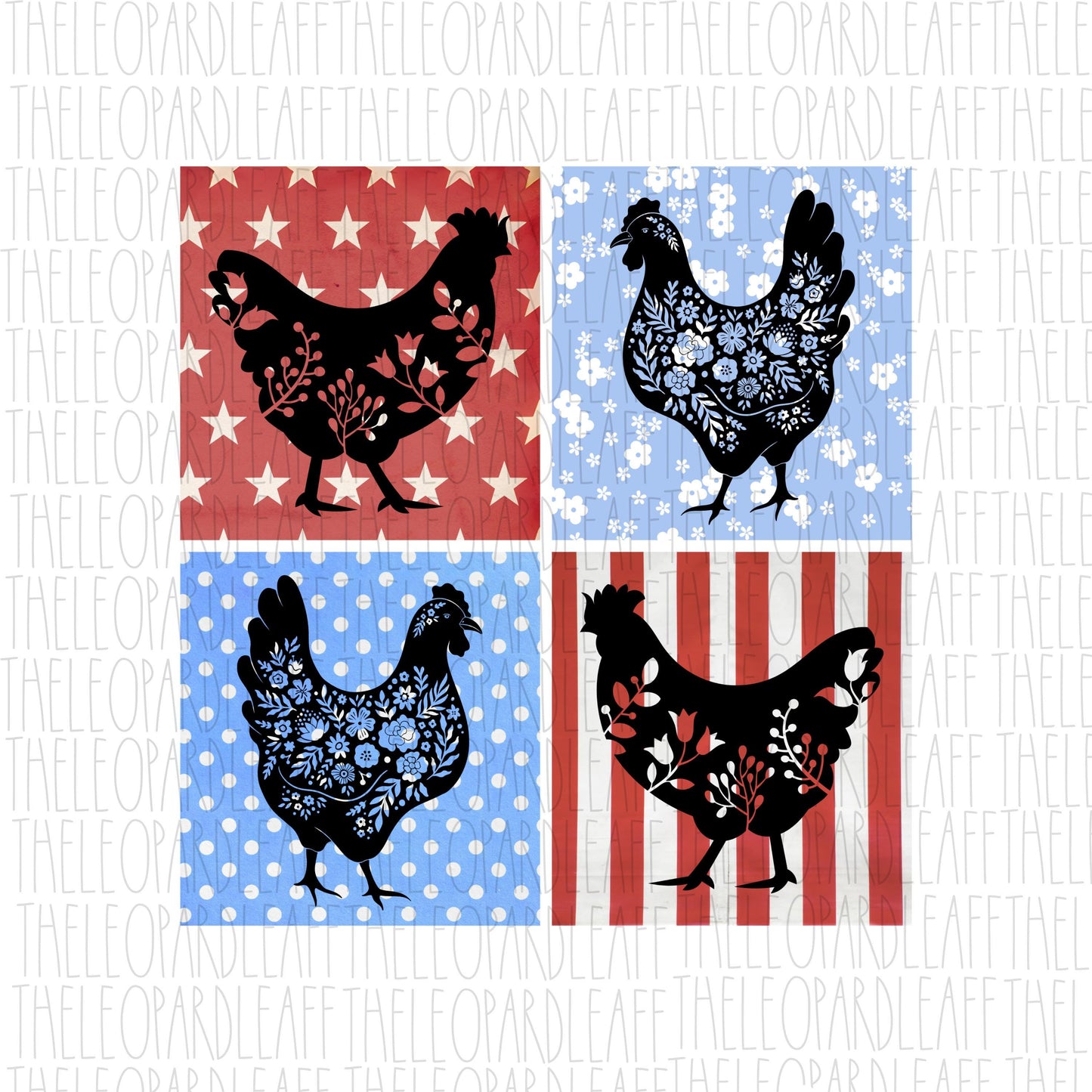 Patriotic Floral Chicken,4th of July,, DIGITAL DESIGN **PNG file for Sublimation**