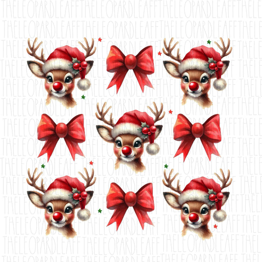 Coquette Christmas, Rudolph the red nose reindeer and bows, Christmas,DIGITAL DESIGN **PNG file for Sublimation**